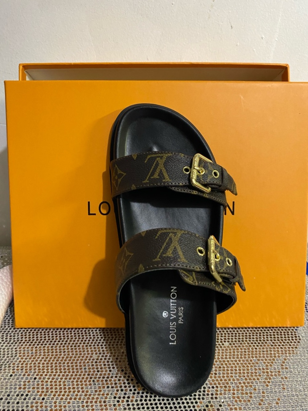 Louis Vuitton Brown Monogram Dual Buckle Slide Sandal with Black Footbed